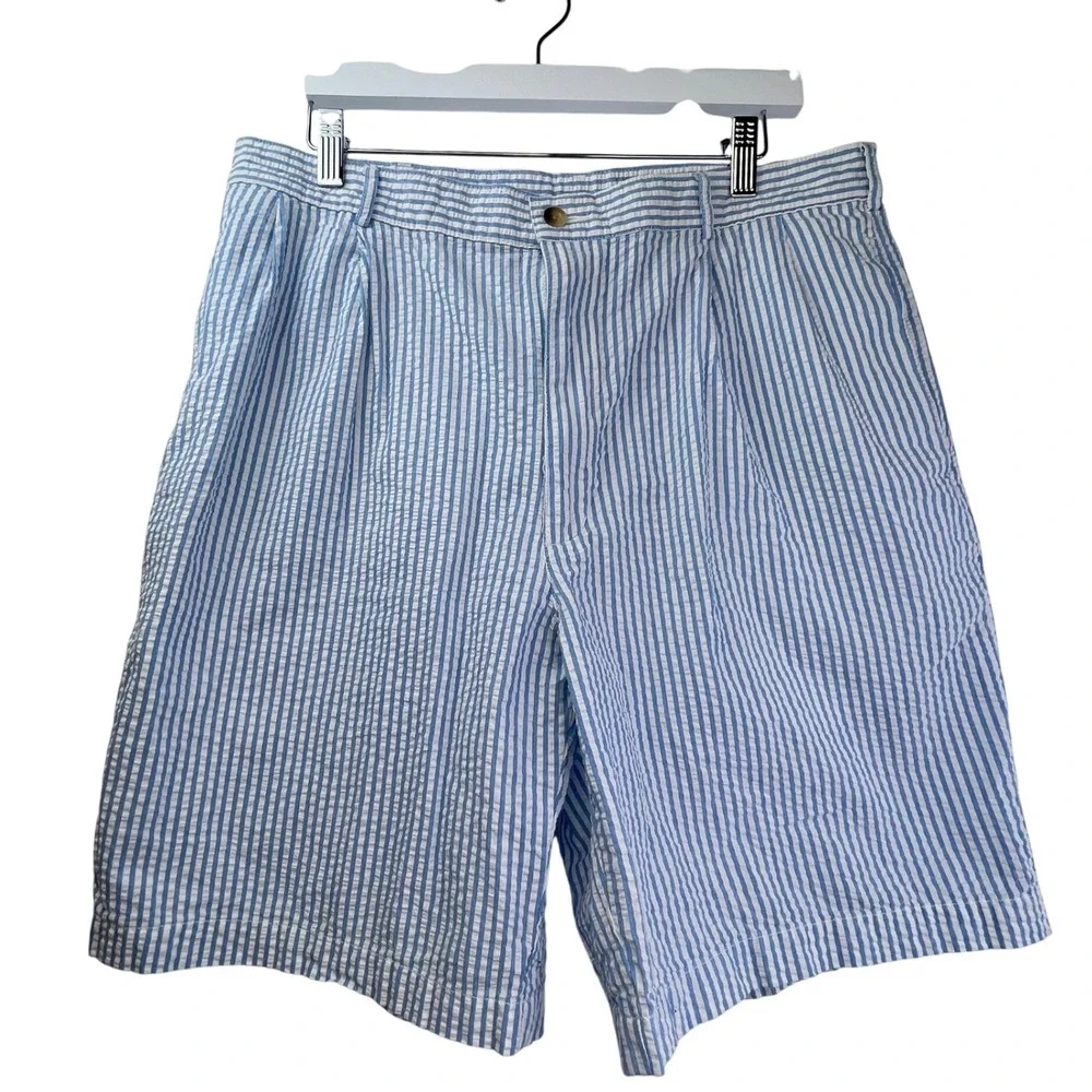 Land's End Men's Seersucker Blue & White Pinstripe Shorts SZ 36, preppy, cotton